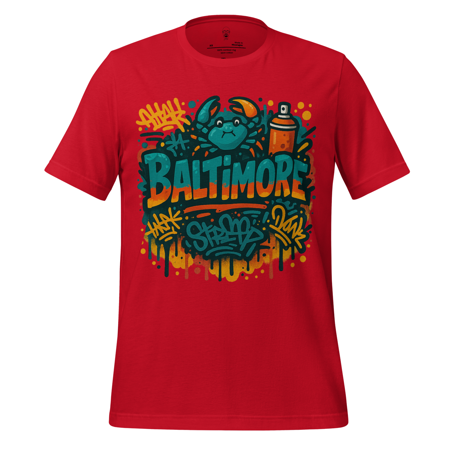 Red Baltimore graphic tee by JMK Drip featuring a blue crab and graffiti spray paint design