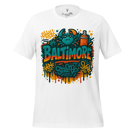 White Baltimore graphic tee with colorful crab and spray paint graffiti design by JMK Drip