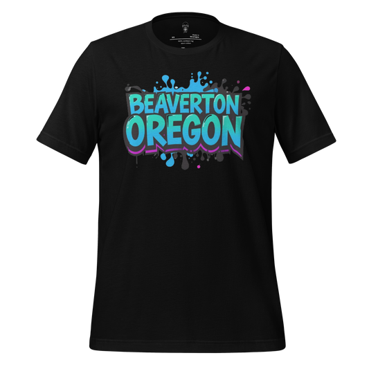 Black JMK Drip Beaverton Oregon graphic t-shirt with vibrant blue and purple splash design