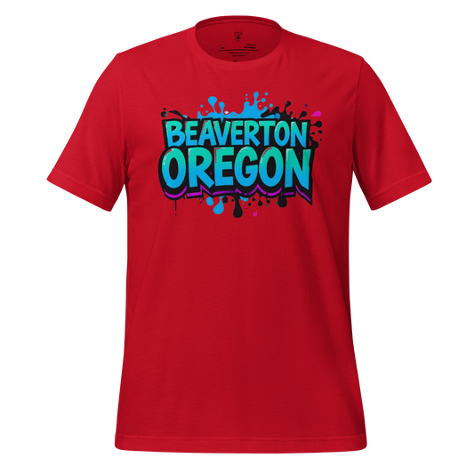 Red t-shirt with colorful Beaverton Oregon graphic t-shirt text and paint splash design by JMK Drip