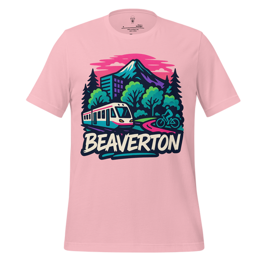 JMK Drip Beaverton t-shirt in pink with mountain, train, trees, and cyclist graphic design