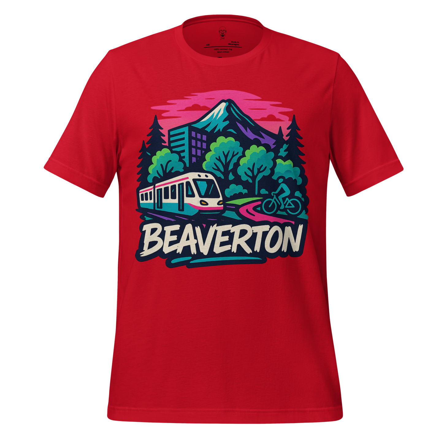 Red Beaverton t-shirt by JMK Drip featuring mountain, train, trees, and cyclist graphic design
