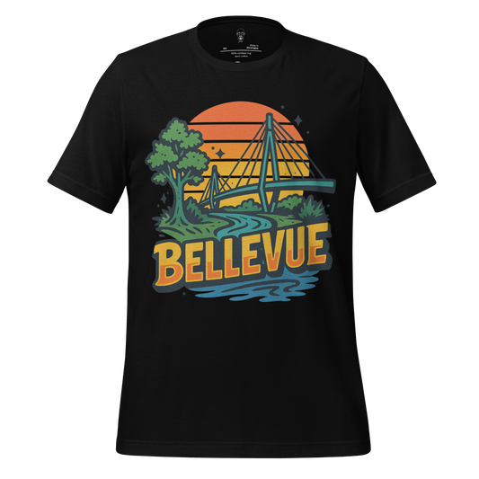 Black Bellevue graphic t-shirt with sunset, bridge, tree, and river design by JMK Drip