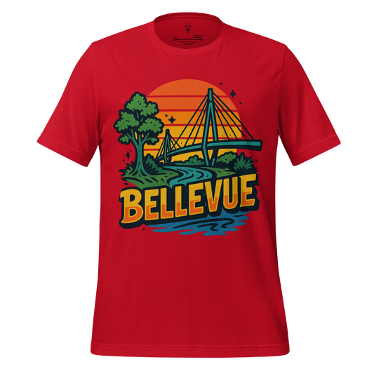 Red Bellevue graphic t-shirt with sunset, bridge, tree, and river design by JMK Drip