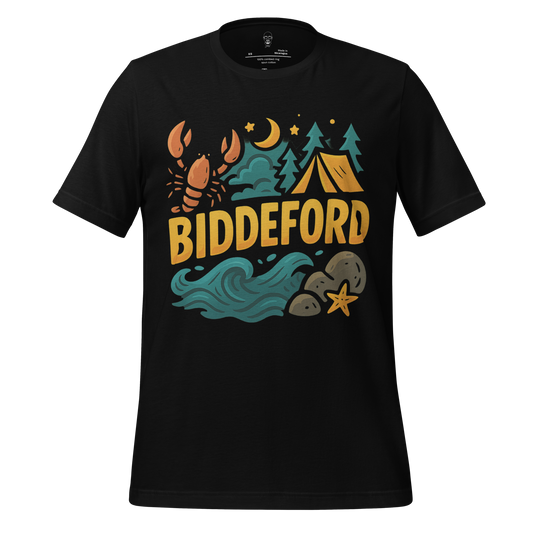 JMK Drip black Biddeford t-shirt with lobster, ocean waves, trees, tent, and night sky design