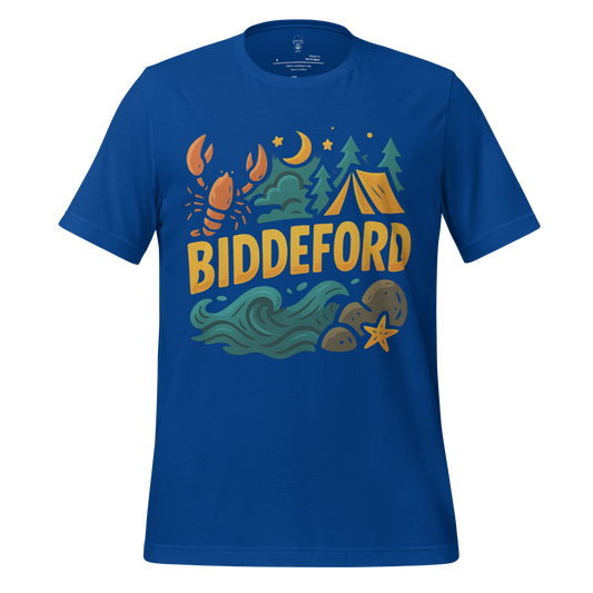 Blue Biddeford t-shirt with lobster, waves, tent, trees, moon, and stars graphic design