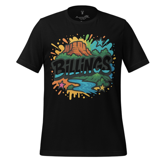JMK Drip black Billings graphic t-shirt featuring colorful nature design with river mountain and stars