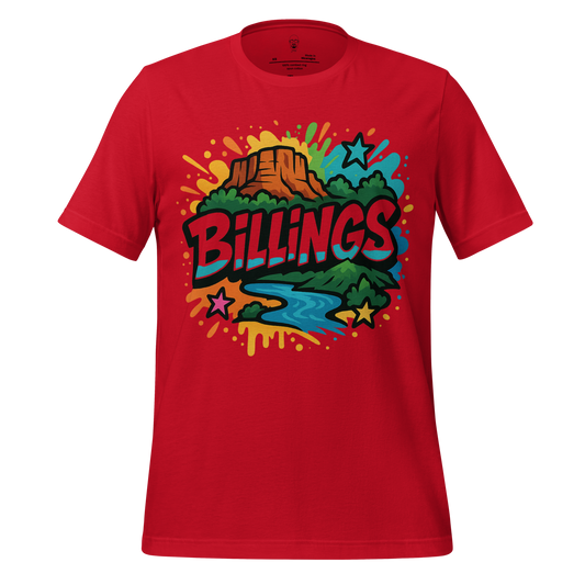 Red Billings graphic t-shirt by JMK Drip with colorful mountain and river design
