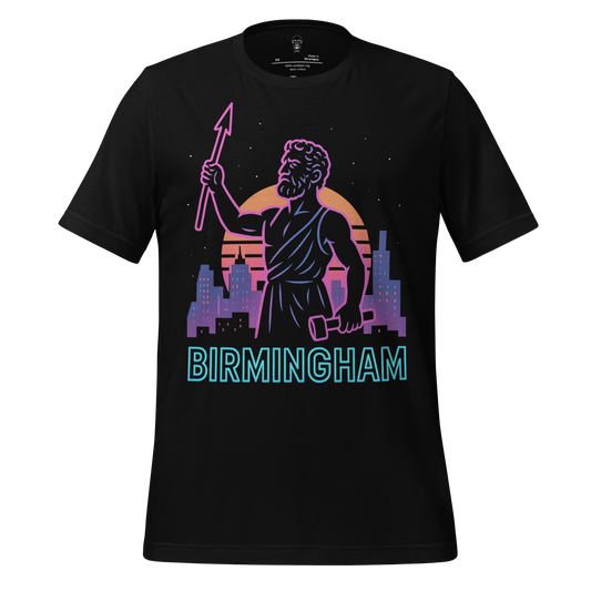 JMK Drip Birmingham Graphic T-Shirt with neon city skyline and mythological figure holding a spear