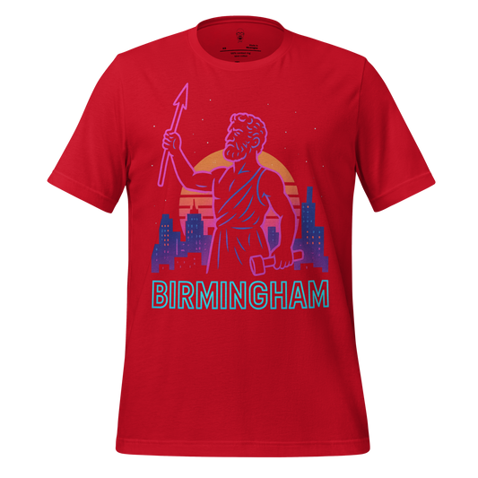 Red Birmingham Graphic T-Shirt with city skyline and statue holding spear and hammer design