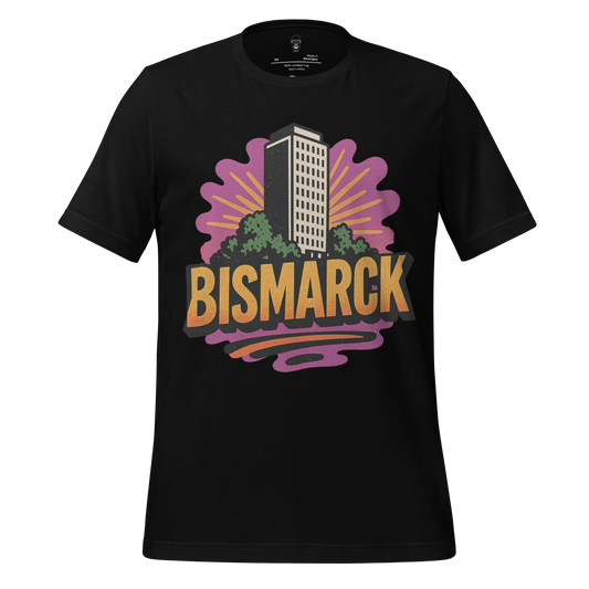 JMK Drip black Bismarck graphic t-shirt with colorful cityscape and bold text design