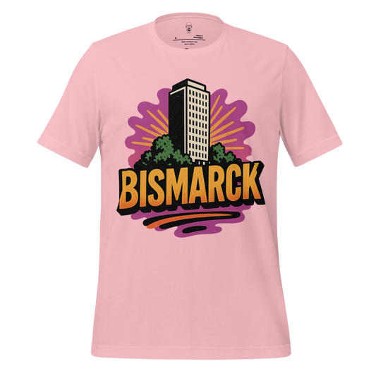 JMK Drip pink Bismarck graphic t-shirt featuring a tall building and sunburst design