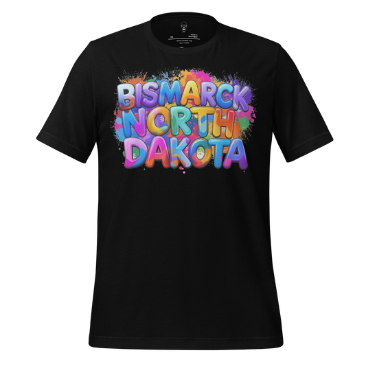 Black Bismarck North Dakota t-shirt with colorful graffiti style text design by JMK Drip
