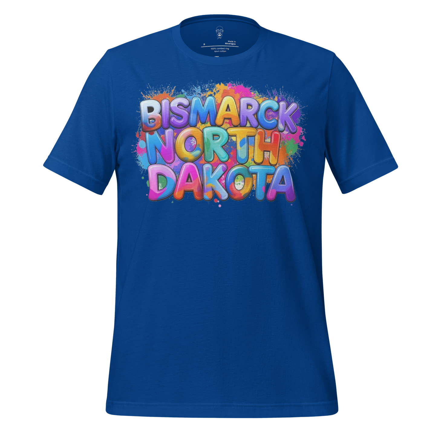 Blue Bismarck North Dakota t-shirt with colorful graffiti style text design by JMK Drip