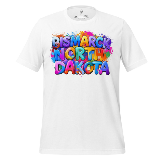JMK Drip white t-shirt with colorful Bismarck North Dakota t-shirt text design and paint splatter background