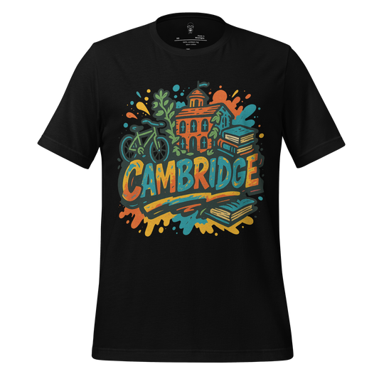 Black JMK Drip Cambridge graphic t-shirt with colorful bicycle books and building design