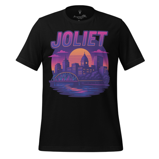 JMK Drip black Joliet Graphic T-Shirt with purple and orange city skyline design and sunset