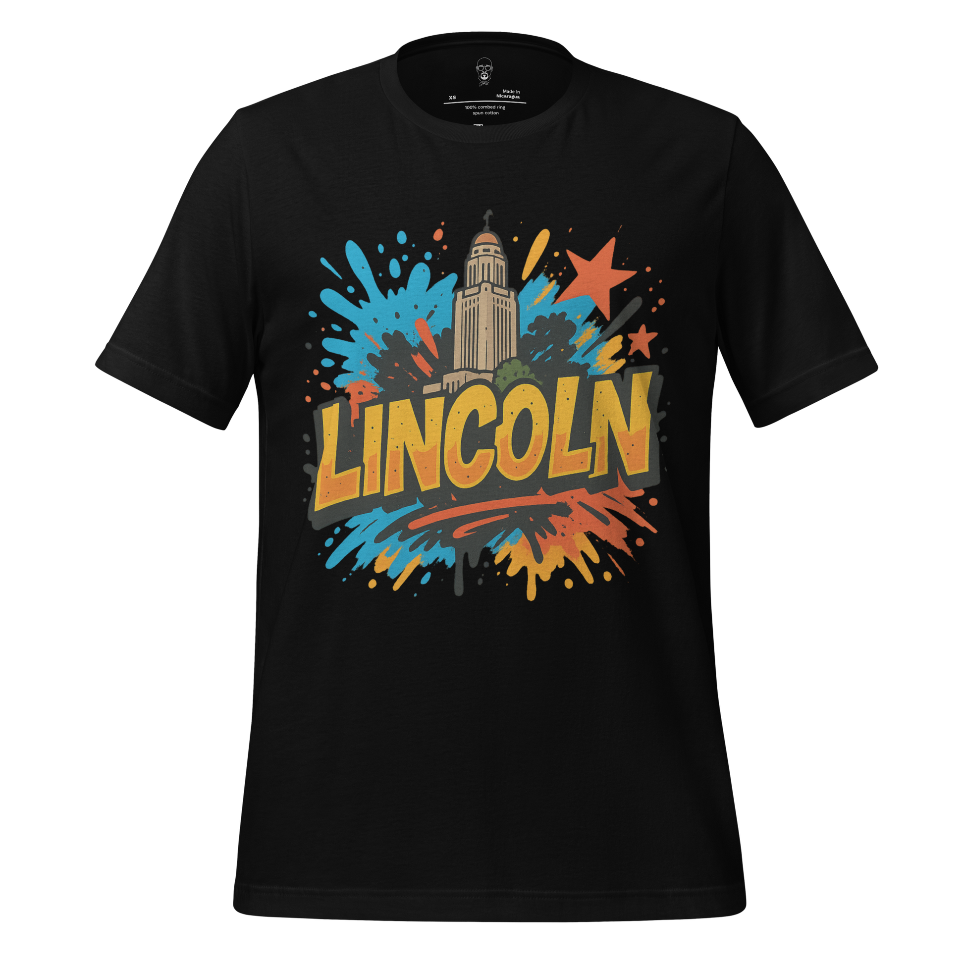 JMK Drip black Lincoln Graphic T-Shirt featuring colorful splash design and Lincoln building print
