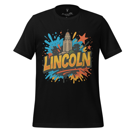 JMK Drip black Lincoln Graphic T-Shirt featuring colorful splash design and Lincoln building print