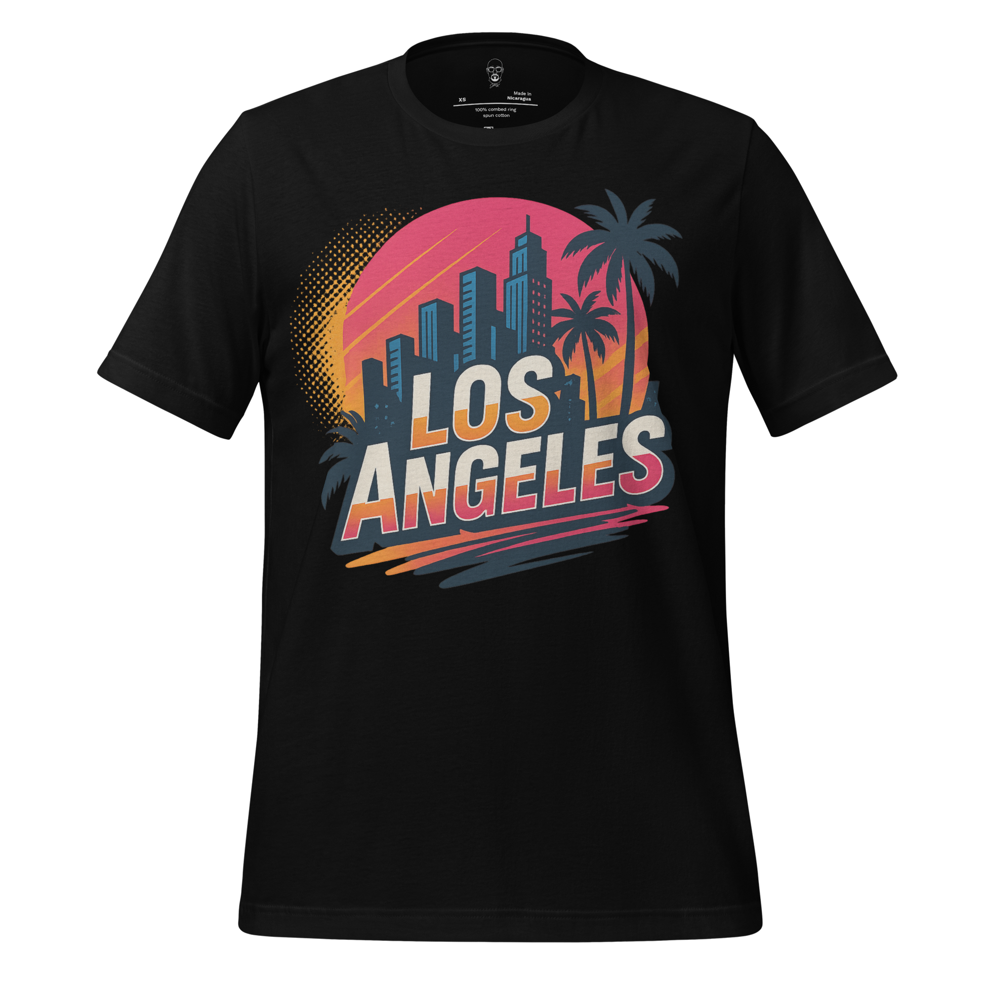 JMK Drip Los Angeles Graphic T-Shirt with city skyline and palm tree design on black fabric