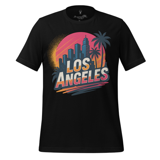 JMK Drip Los Angeles Graphic T-Shirt with city skyline and palm tree design on black fabric