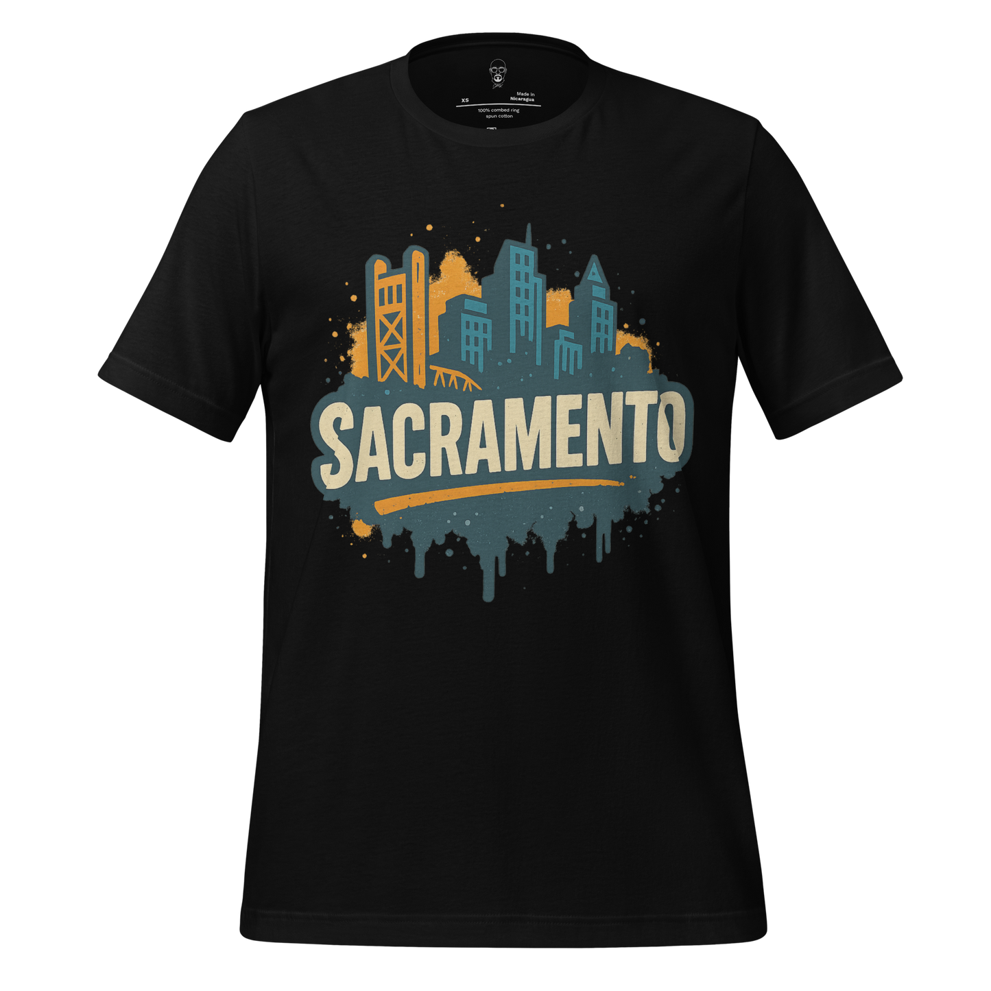 Black Sacramento Graphic T-Shirt by JMK Drip featuring city skyline design in orange and blue