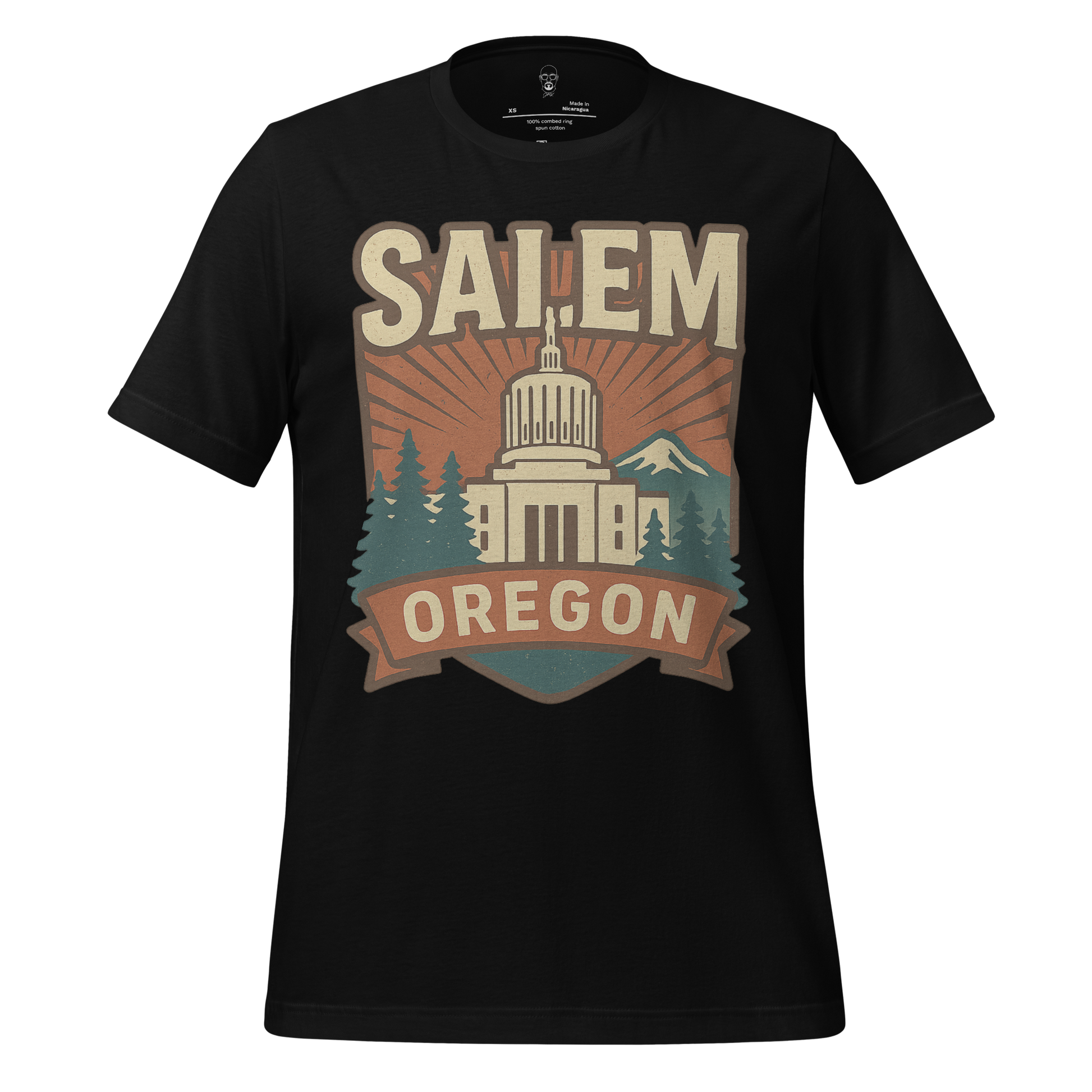 JMK Drip Salem Graphic T-Shirt with Oregon state capitol and mountain design on black fabric
