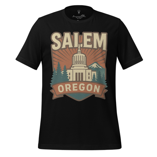JMK Drip Salem Graphic T-Shirt with Oregon state capitol and mountain design on black fabric