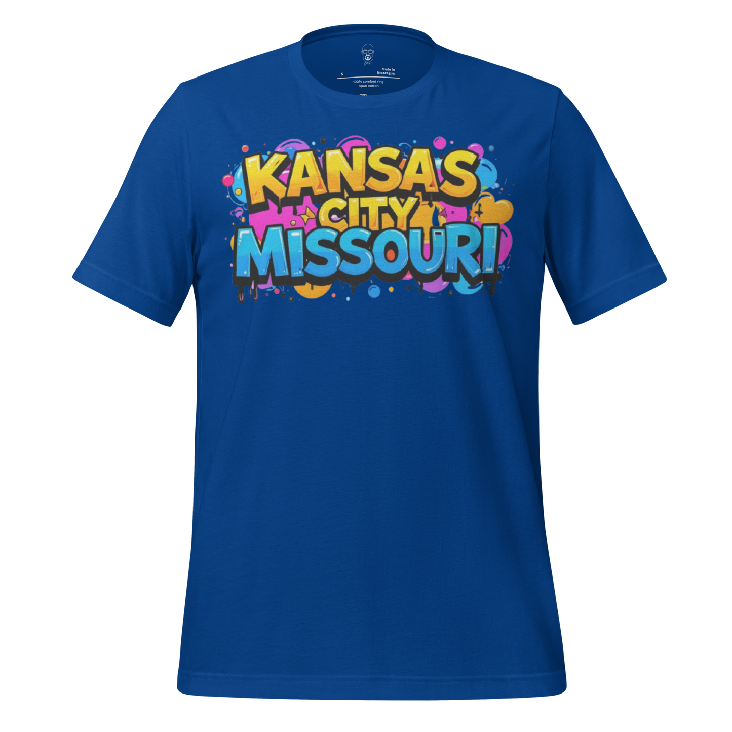 Kansas City, Missouri - T-Shirt 3 in blue with colorful graffiti style text design by JMK Drip