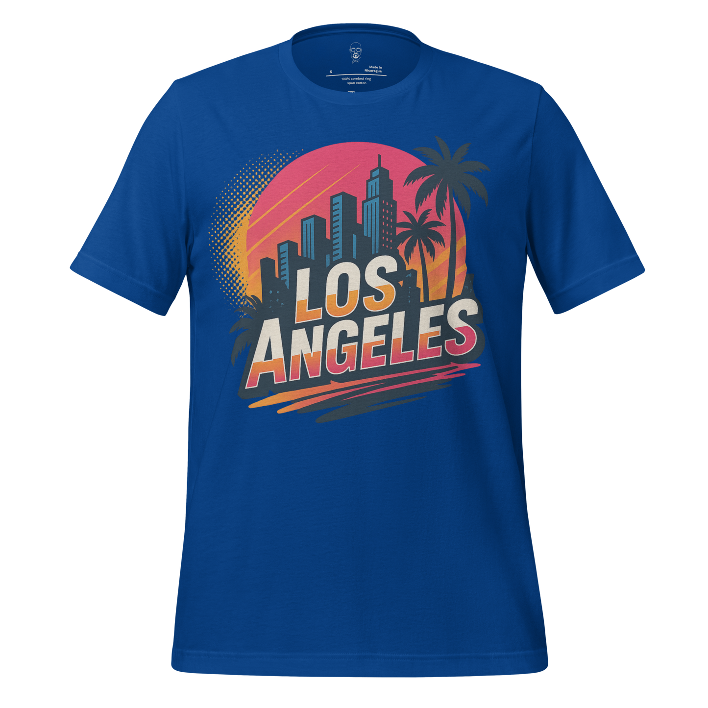 Blue Los Angeles Graphic T-Shirt with city skyline and palm tree design from JMK Drip
