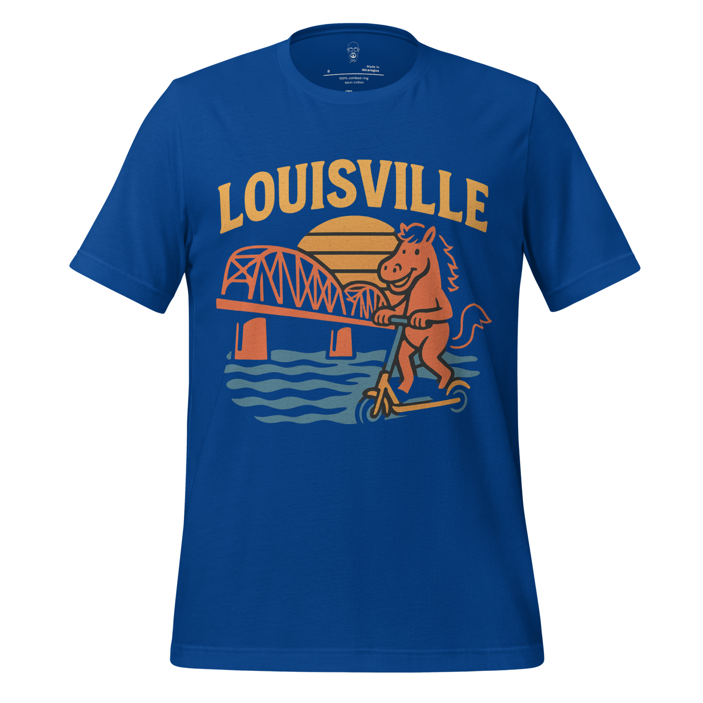 JMK Drip blue Louisville graphic t-shirt featuring a horse on a scooter and bridge design