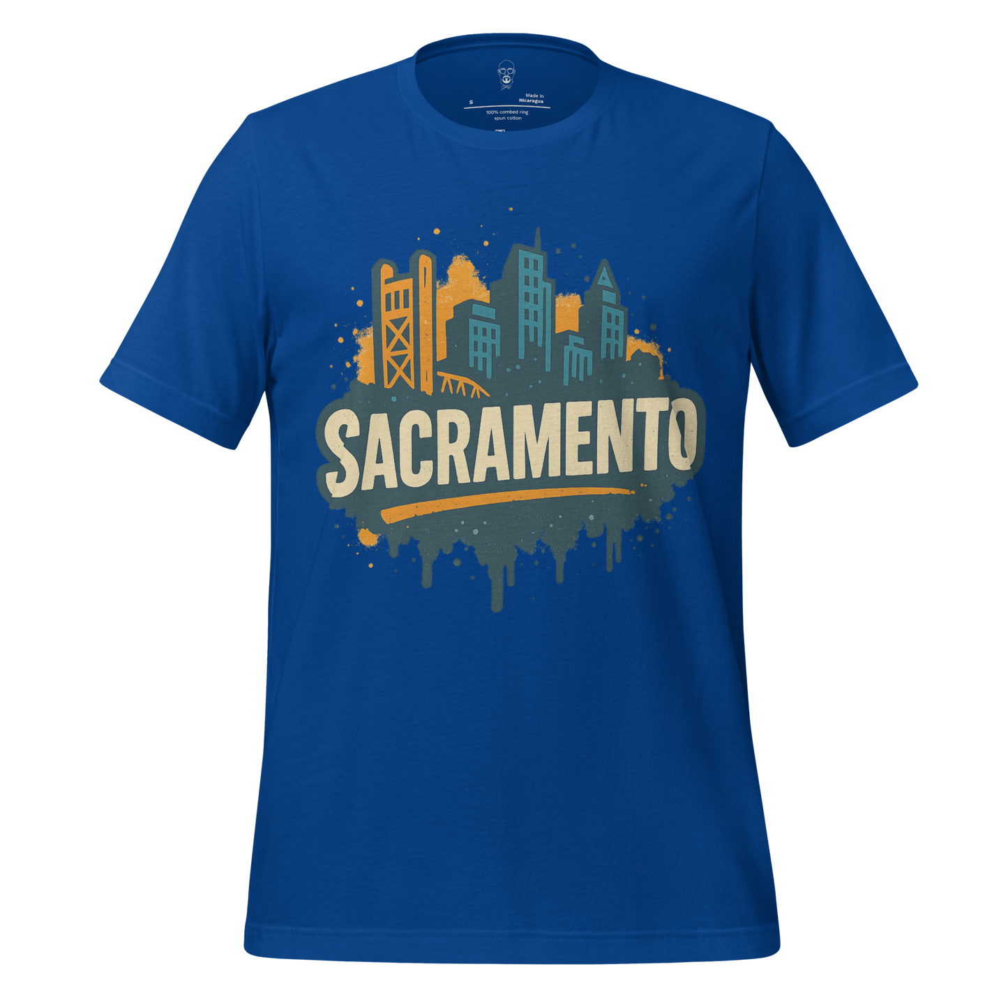 Blue Sacramento Graphic T-Shirt by JMK Drip featuring city skyline and bold lettering