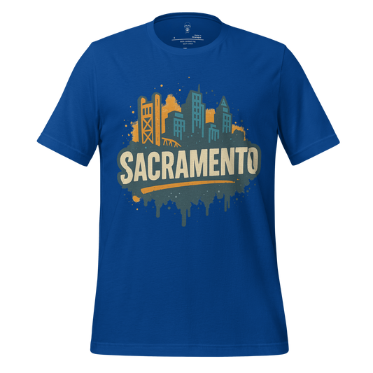 Blue Sacramento Graphic T-Shirt by JMK Drip featuring city skyline and bold lettering