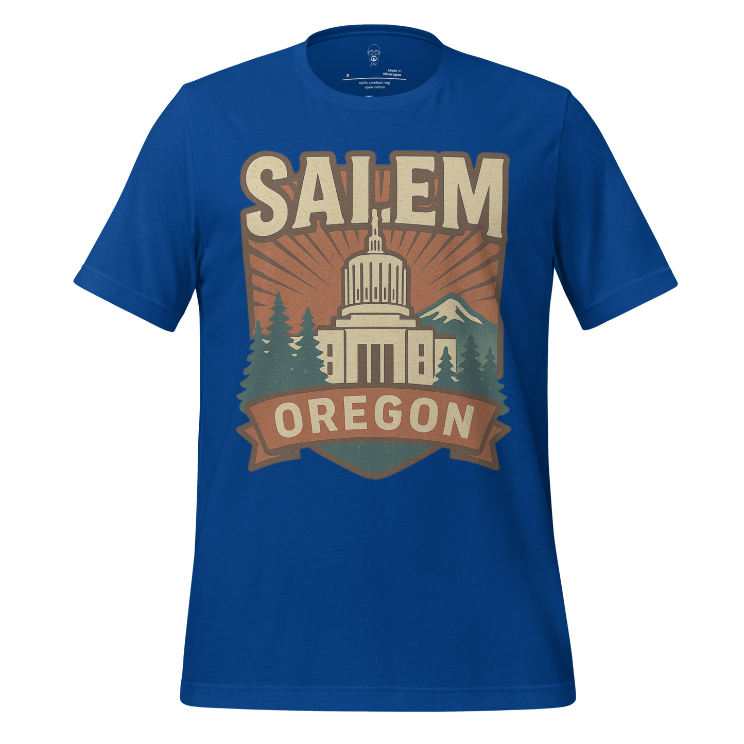 JMK Drip Salem Graphic T-Shirt in blue featuring Oregon State Capitol with trees and mountain design