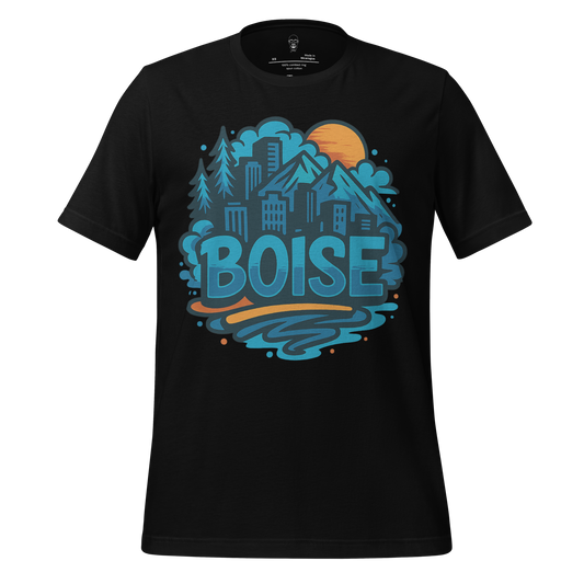 Black Boise Graphic T-Shirt by JMK Drip featuring city skyline, trees, mountains, and sunset design