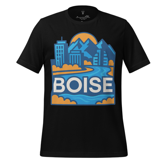 Black Boise Graphic T-Shirt by JMK Drip with city skyline and mountain design in blue and orange