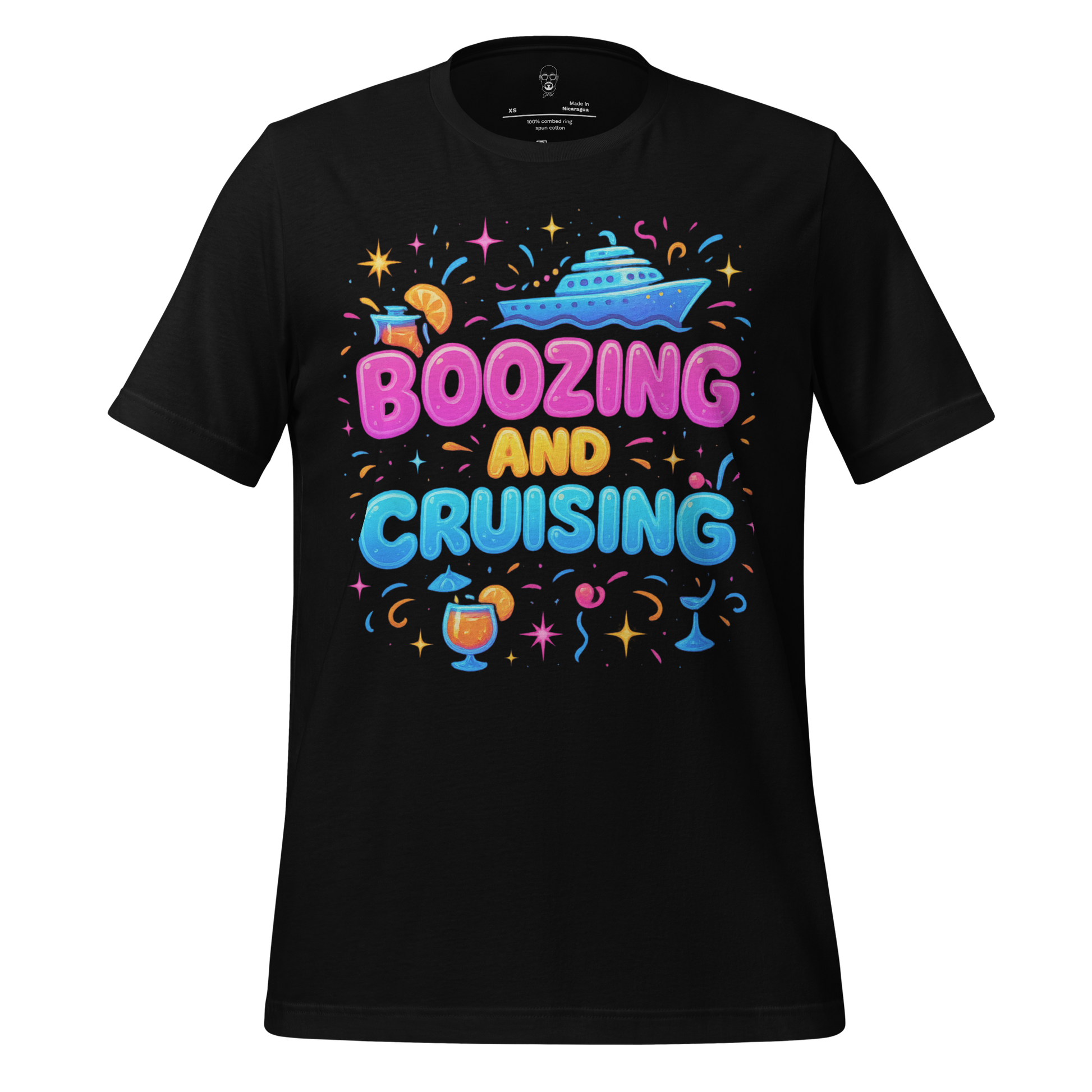 Black JMK Drip boozing and cruising t-shirt with colorful cruise ship and cocktail design