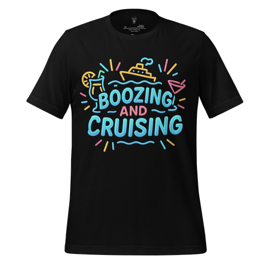 Black JMK Drip boozing and cruising t-shirt with colorful boat and drink graphics