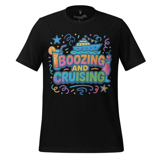Black boozing and cruising t-shirt with colorful cruise ship and cocktail drink graphic