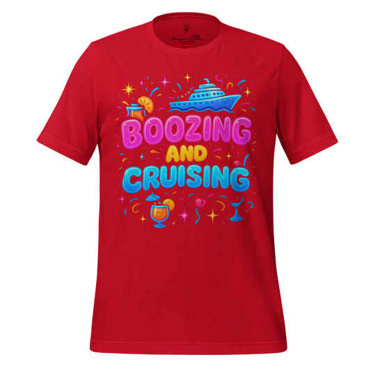 Red JMK Drip boozing and cruising t-shirt with colorful cruise ship and cocktail graphics