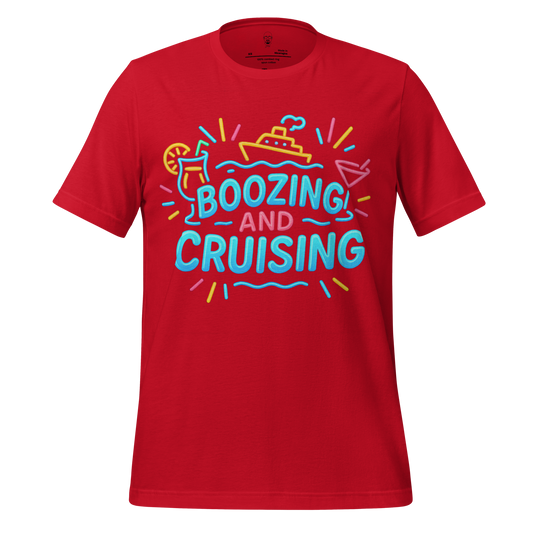 Red boozing and cruising t-shirt with colorful boat and drink graphics by JMK Drip