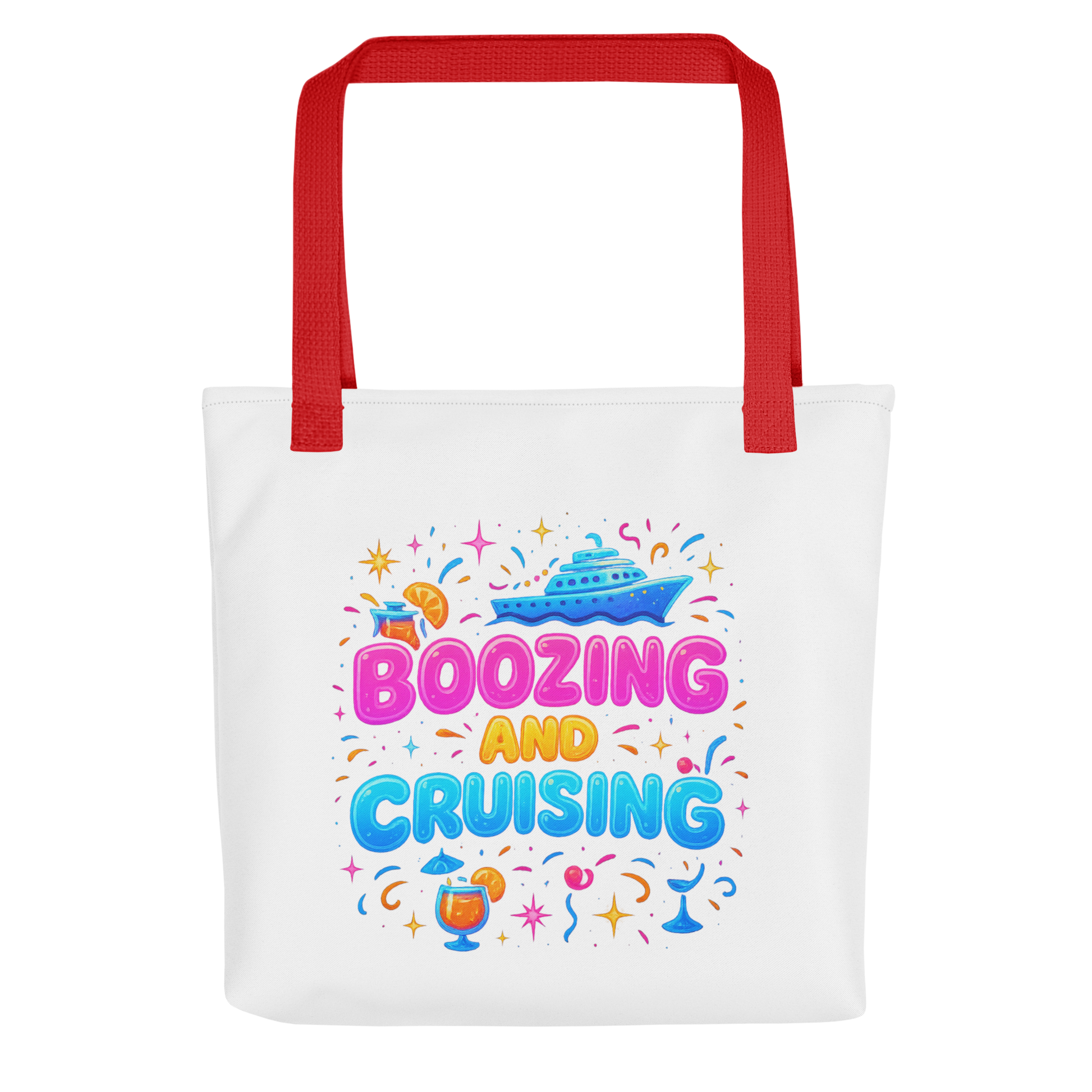JMK Drip white tote bag with red handles featuring colorful boozing and cruising tote bag design