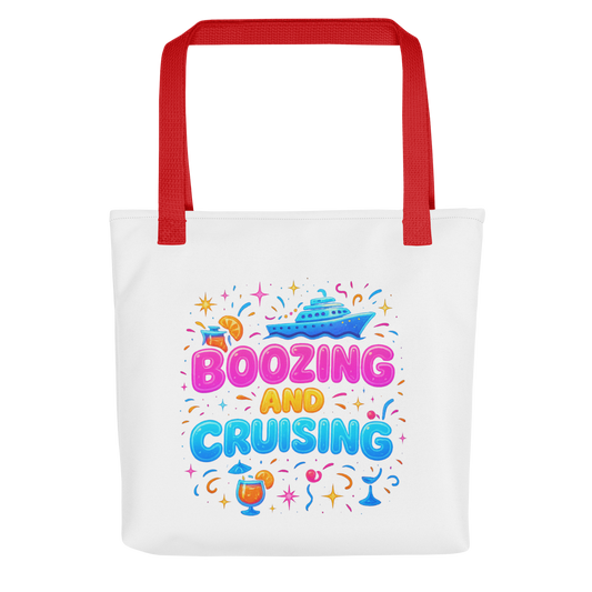JMK Drip white tote bag with red handles featuring colorful boozing and cruising tote bag design