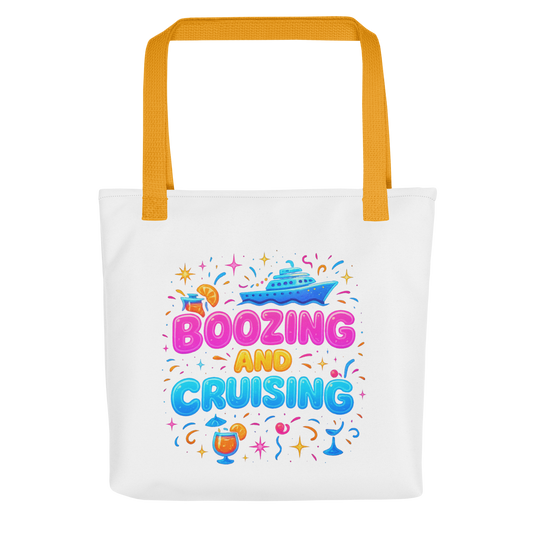 White tote bag with orange handles featuring colorful boozing and cruising tote bag design with drinks and cruise ship