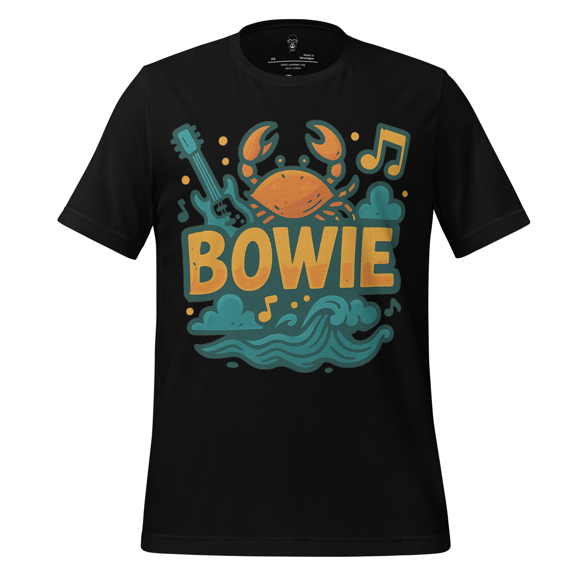 Black Bowie graphic t-shirt featuring a crab, guitar, musical notes, and waves in teal and orange colors