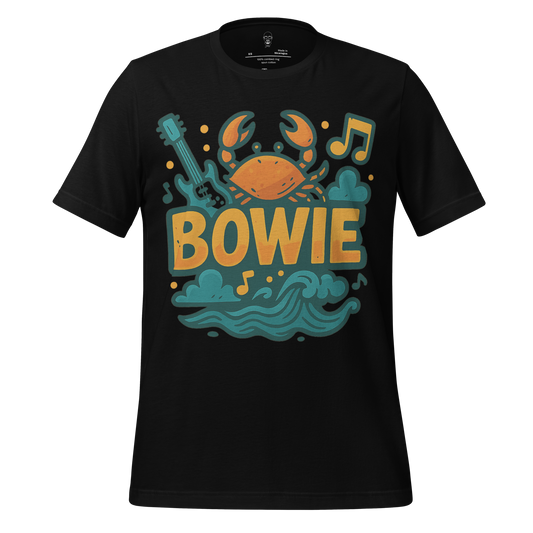 Black Bowie graphic t-shirt featuring a crab, guitar, musical notes, and waves in teal and orange colors