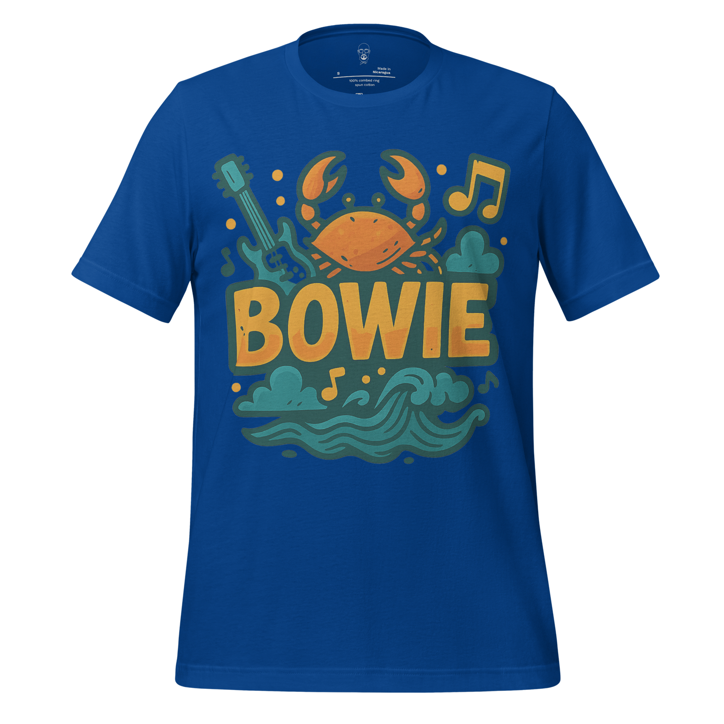 JMK Drip blue Bowie graphic t-shirt featuring a crab, guitar, music notes, and waves design