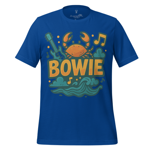 JMK Drip blue Bowie graphic t-shirt featuring a crab, guitar, music notes, and waves design