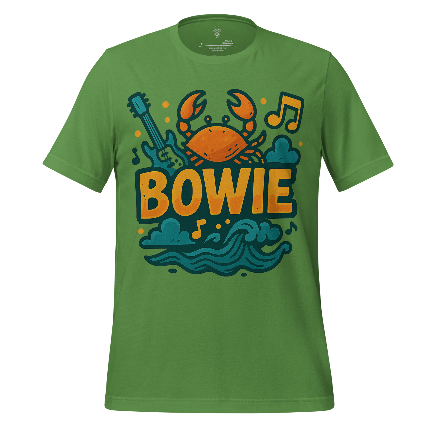Green Bowie graphic t-shirt with orange crab, guitar, musical notes, and ocean wave design