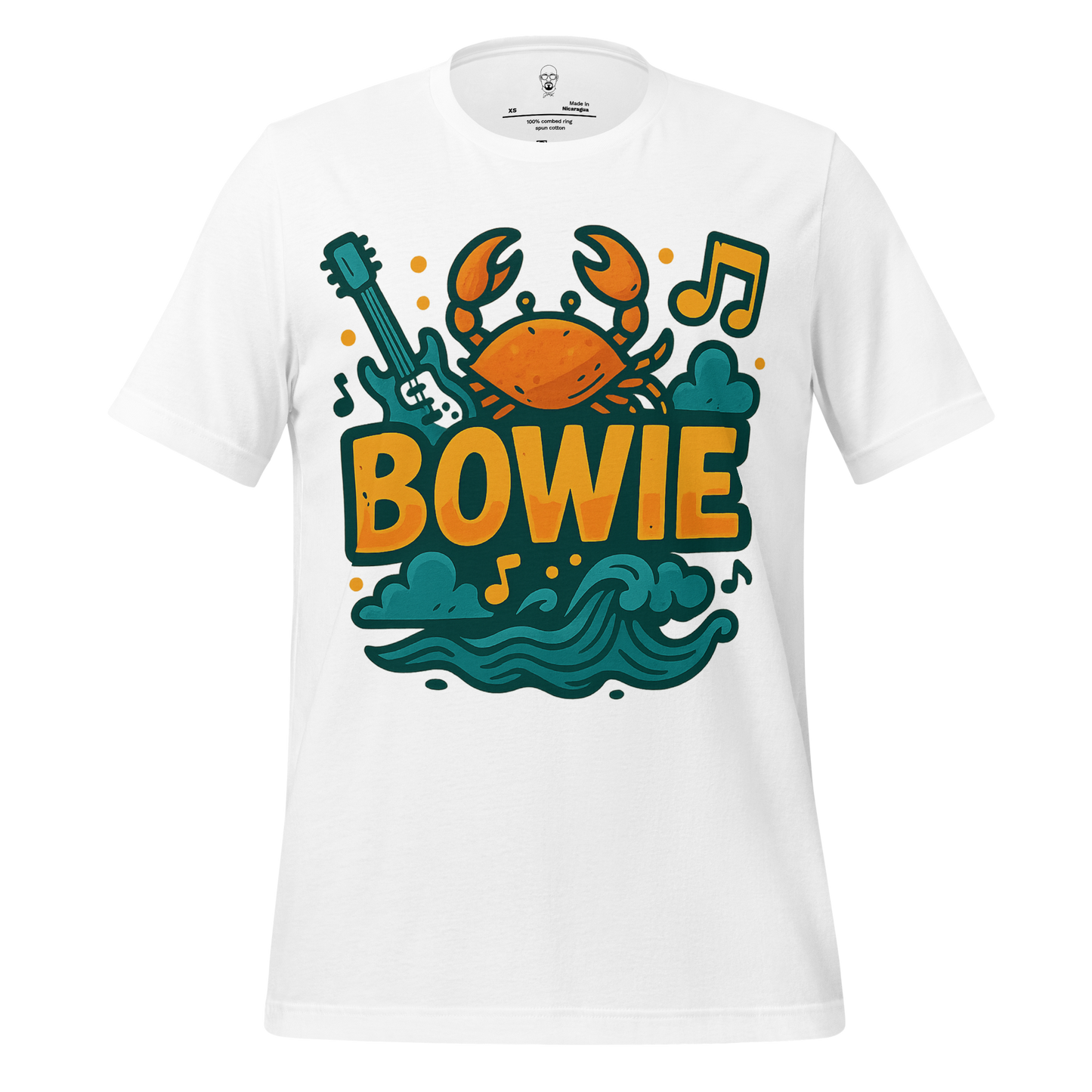 White Bowie graphic t-shirt featuring a crab, guitar, musical notes, and ocean waves design